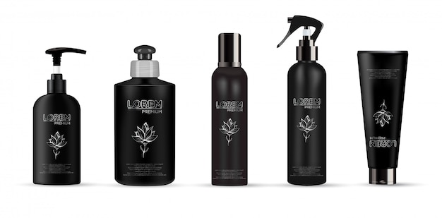 Set van realistische zwart pakket luxe cosmetisch product