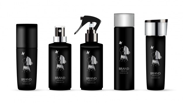 Set van realistische zwart pakket luxe cosmetisch product