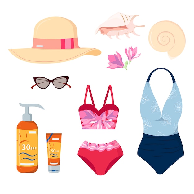 Set van reis spullen vector illustratie Verzameling van vakantie of reizen vrouwen items