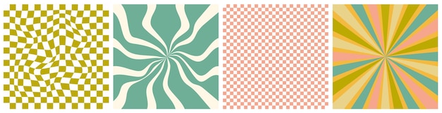 Set van retro abstracte achtergronden Y2k groovy golvende geruite patronen wervelende vormen en radiale