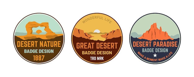 Set van retro badge patch sticker van berg heuvel zonsondergang collectie