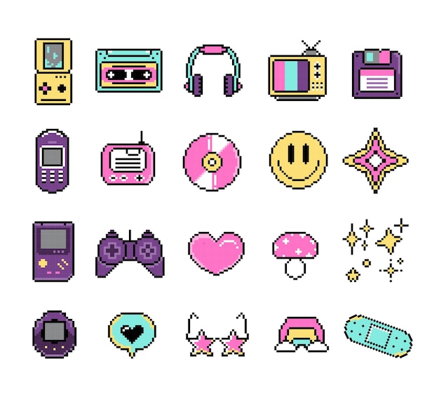 set van retro y2k iconen in pixel art vector illustratie