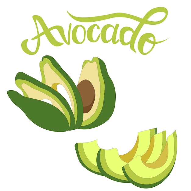 Set van rijpe avocadovruchten in plakjes gesneden. AVOCADO-inscriptie. Landbouwproduct zonder nitraat.