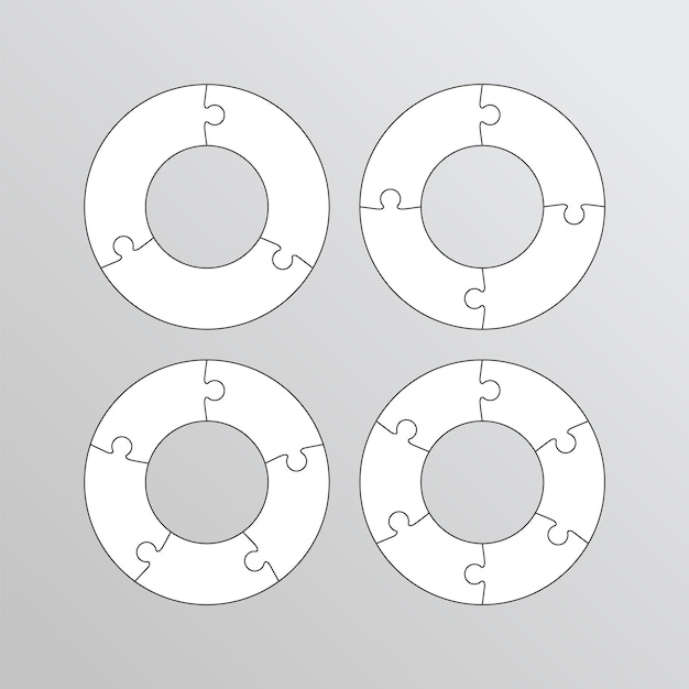 Set van ring puzzel rasters Schema voor denkspel Frame tegels Cirkelvormige mozaïek achtergrond Jigsaw details