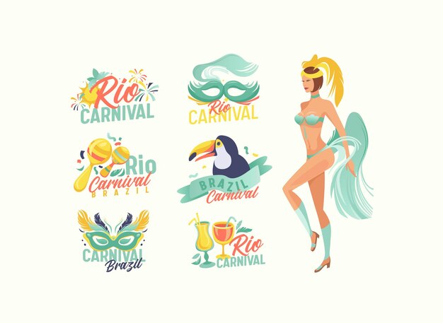 Set van Rio carnaval emblemen, Brazilië Festival Entertainment Banners met vuurwerk, masker, Toucan Bird, Maracas, Cocktails en vrouw dragen feestelijk kostuum, Braziliaans Festival. Cartoon vectorillustratie