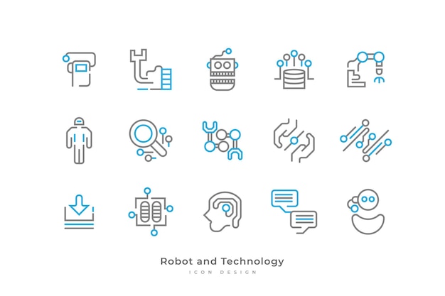 Set van robot- en technologiepictogrammen met eenvoudige lijnstijl bevat robotverbinding, datanetwerk, kunstmatige intelligentie en meer