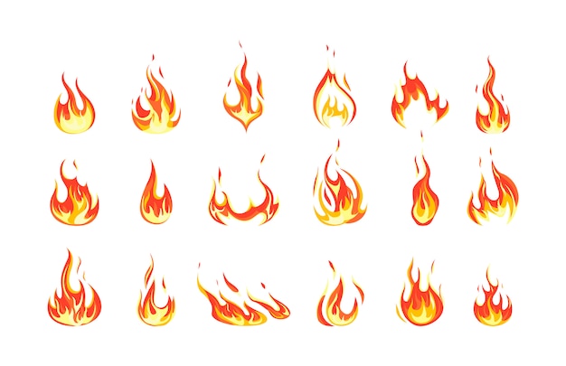 Set van rode en oranje vuurvlam. Verzameling van heet vlammend element. Idee van energie en kracht. illustratie