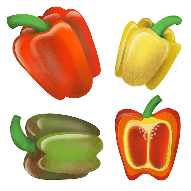 Vector set van rode gele groene paprika paprika realistische afbeelding geïsoleerd op een witte achtergrond