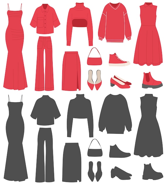 set van rode modieuze vrouwen kleding vector