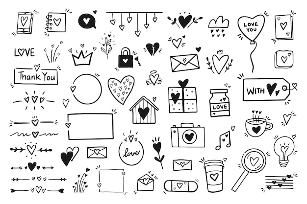 Set van romantische schattig vector pictogram in doodle ontwerp. Belettering, Headers, lijnen, frames, harten, bloem, cadeau en andere. Valentijnsdag tekens en illustraties.