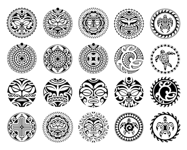 Set van ronde Maori tattoo ornament met zon symbolen gezicht Afrikaanse Maya Azteekse etnische trible