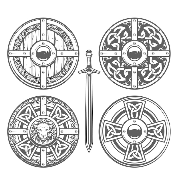 Vector set van ronde schilden met keltisch patroon en middeleeuwse ornamenten ridderpantser ridderlijkheid schilden vector
