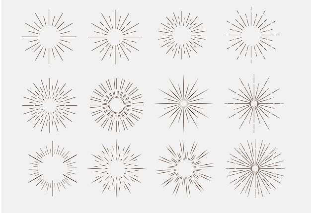 Set van ronde sunburst lijn bewerkbare zon frame radiale cirkel lijnen vuurwerk zwarte explosie ontwerp elementen