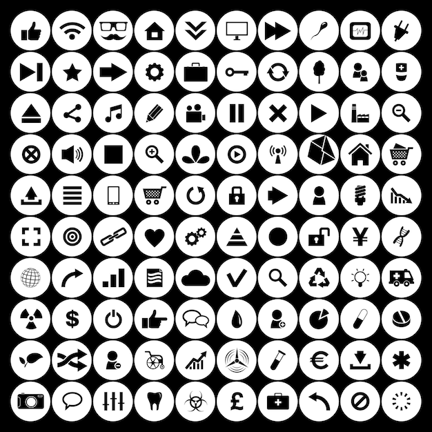Set van ronde witte iconen voor verschillende toepassingen en UI-elementen