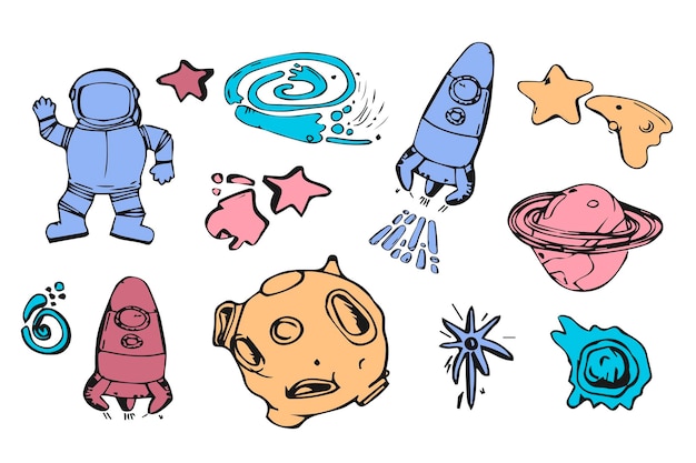Set van ruimte-elementen in de doodle schets stijl ruimteraketten en schepen astronauten ster komeet maan