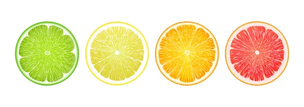 Set van sappige citrus segmenten realistische 3D-vector illustratie citroen sinaasappel grapefruit limoen pictogrammen instellen heldere kleurrijke geïsoleerde elementen op witte achtergrond voor creatieve ontwerpen logo's stickers