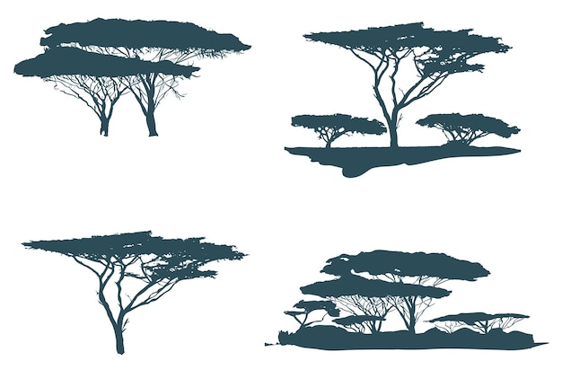 Set van savanne bomen silhouetten