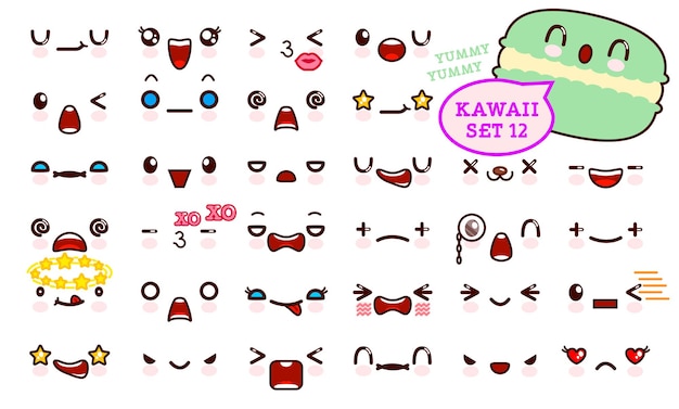 set van schattig kawaii emoticon gezicht en zoete macaron kawaii