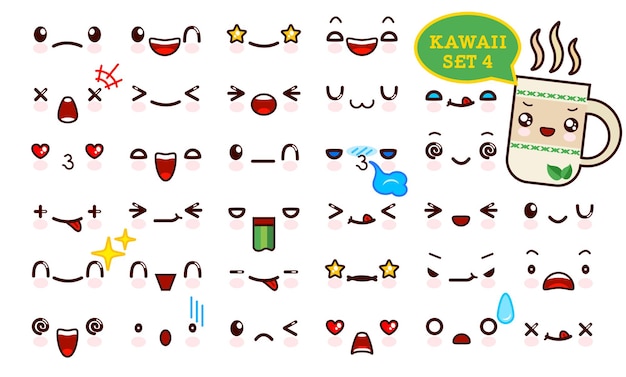 Set van schattig kawaii emoticon gezicht en zoete thee kawaii