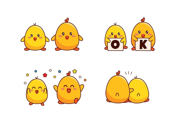 Set van schattig paar kleine eend of klein kuiken voor sociale media sticker emoji zeg OK blij en knuffel