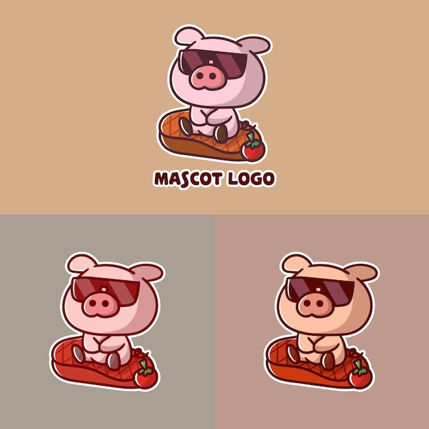 Set van schattig steak-varkensvlees-mascotte-logo met optionele uitstraling.