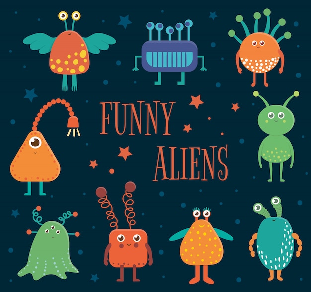 Set van schattige aliens voor kinderen. heldere en grappige platte illustratie van lachende buitenaardse wezens