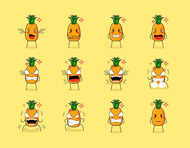 set van schattige ananas stripfiguur met boze uitdrukkingen