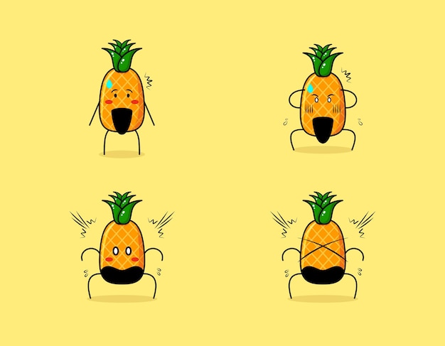 set van schattige ananas stripfiguur met geschokte uitdrukkingen