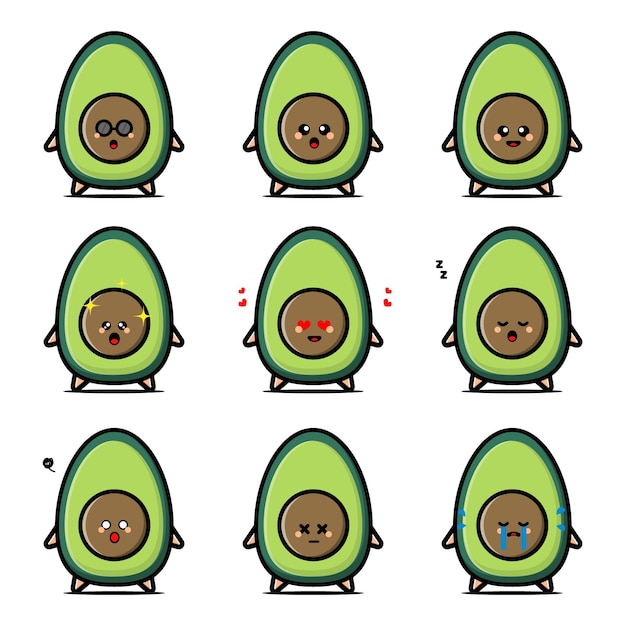 Set van schattige avocado fruit karakter in verschillende emoties