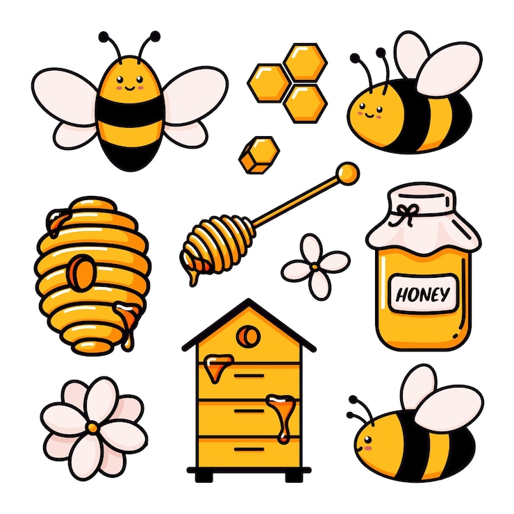 Vector set van schattige bijen smakelijke gezonde honing pot honingraten bijenkorven bloem houten honing beer en tekst vectorillustraties doodle hand getekend gekleurde trendy vectorillustratie in cartoon stijl