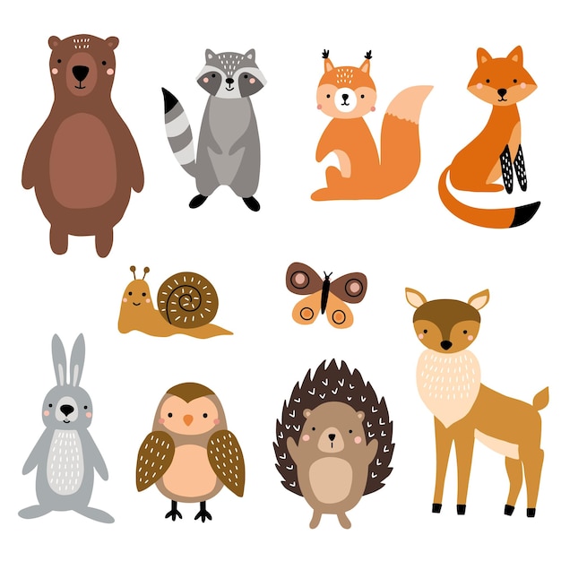 Set van schattige bosdieren geïsoleerd op witte achtergrond Vector illustratie voor uw ontwerp