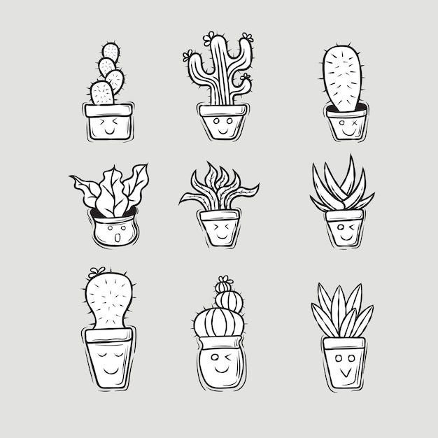 Set van schattige cactus met handgetekende stijl