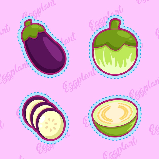 set van schattige cartoon aubergine sticker