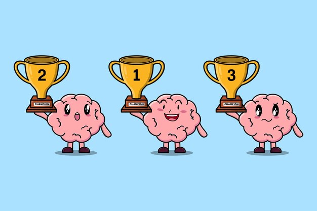 Set van schattige cartoon brain holding trofee met gelukkige uitdrukking in 3d-moderne stijl ontwerp