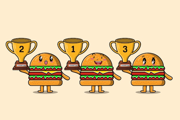 Set van schattige cartoon burger bedrijf trofee met gelukkige uitdrukking in 3d-moderne stijl ontwerp