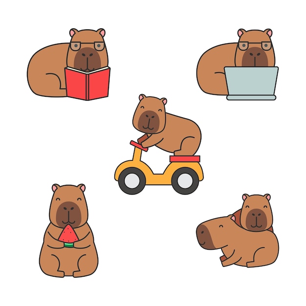 Set van schattige cartoon capybaras Vector illustratie in een platte stijl