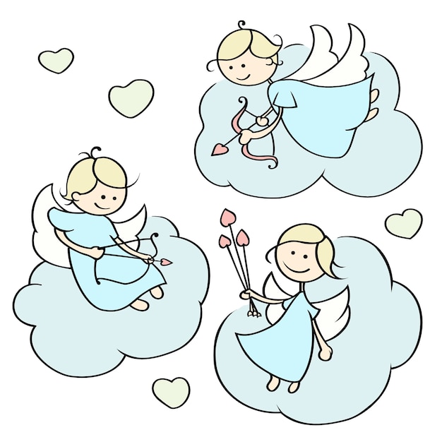 Set van schattige cartoon gelukkig cupido's vliegen op wolken met pijlen engelen met bogen en harten romantische illustratie van een valentijnsdag handgetekende vector geïsoleerd op wit