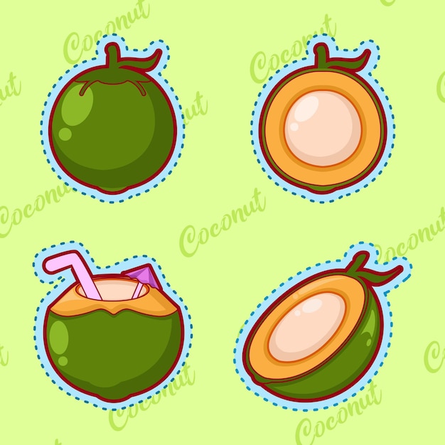 set van schattige cartoon kokosnoot sticker