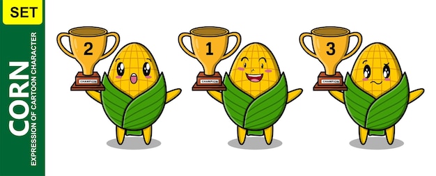 Set van schattige cartoon maïs houden trofee met gelukkige uitdrukking in 3D-moderne stijl ontwerp