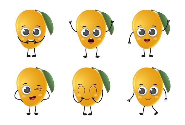 Set van schattige cartoon mango fruit vector tekenset geïsoleerd op een witte achtergrond