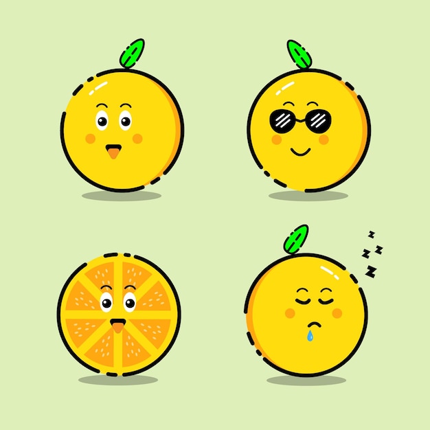 Set van schattige citroenfruit doodle stripfiguren met vier uitdrukkingen