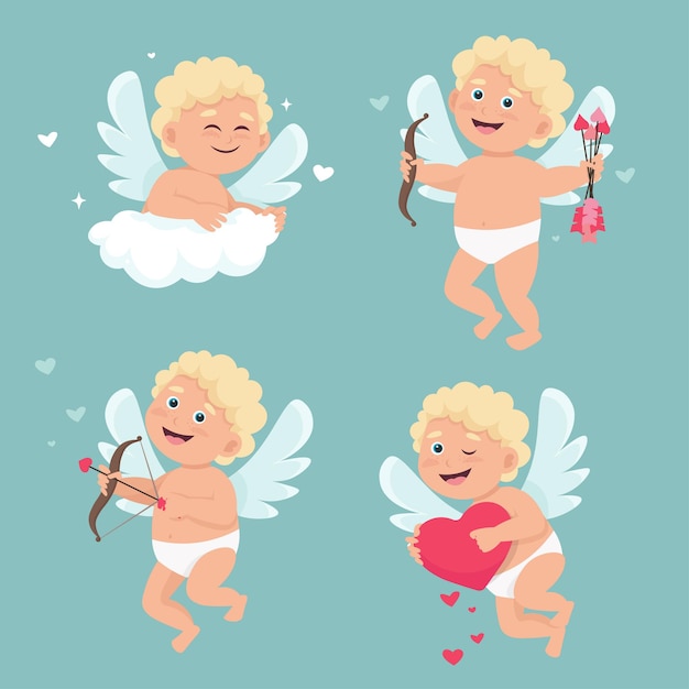 Set van schattige cupido-engelen in verschillende poses.