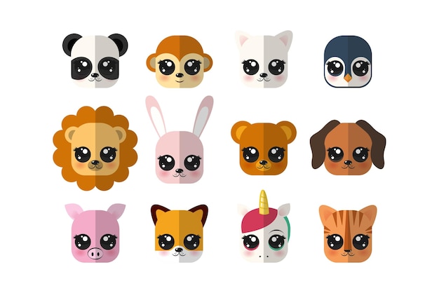 Set van schattige dieren gezicht illustratie. De set bestaat uit twaalf schattige kawaii-gezichtjes.