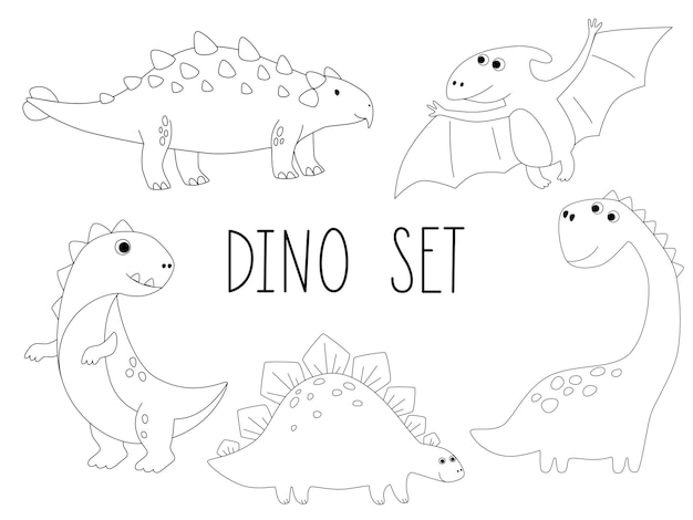 Set van schattige dinosauruscontouren in cartoonstijl Kinderen kleurboekillustraties