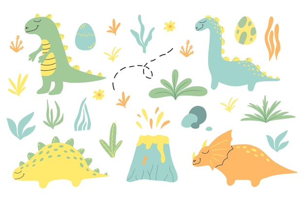 Set van schattige dinosaurussen Handgetekende set van dinosaurussen vulkanen planten eieren Baby dino set Vectorillustratie Geschikt voor prints, posters en meer