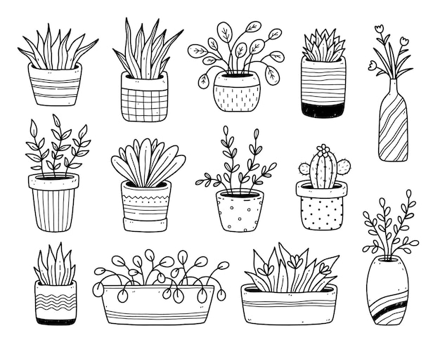 Vector set van schattige doodle kamerplanten in bloempotten geïsoleerd op wit