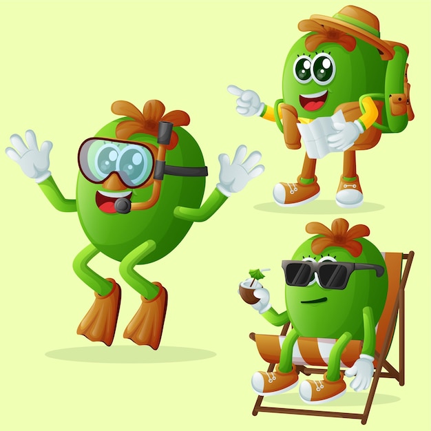 Set van schattige feijoa personages op vakantie perfect voor kinderen merchandise en sticker banner promotie of blog