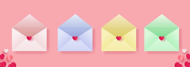 Set van schattige geopende Valentijnsdag envelop in pastel kleur geïsoleerde vector