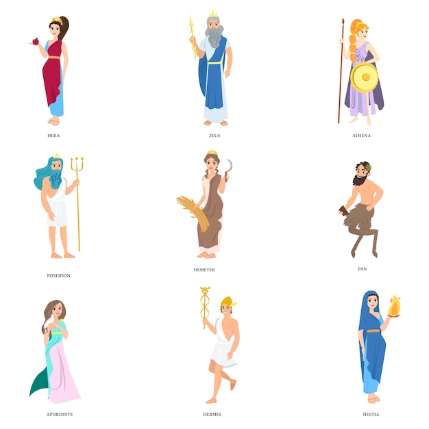 Set van schattige griekse goden karakter in verschillende poses en kleding