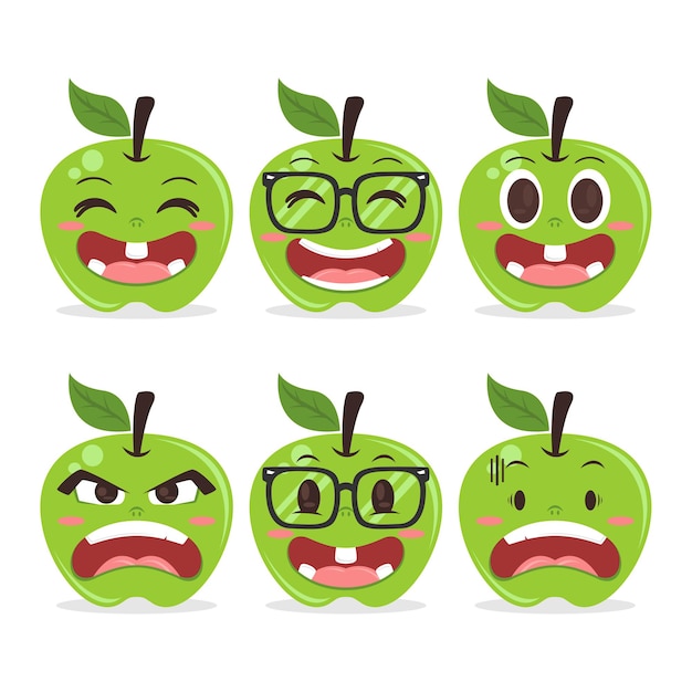 Vector set van schattige groene appel karakter cartoon